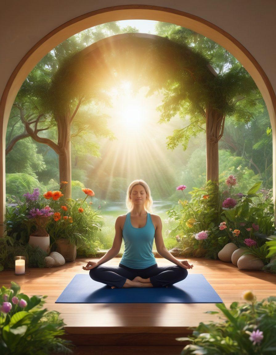 A serene landscape depicting a diverse group of individuals engaged in holistic cancer care practices, including yoga, meditation, and herbal medicine. Soft sunlight filters through lush greenery, and vibrant flowers symbolize healing. In the background, holistic symbols like chakras and the yin-yang are subtly integrated, emphasizing balance and wellness. The scene conveys hope and community support. super-realistic. vibrant colors. peaceful atmosphere.