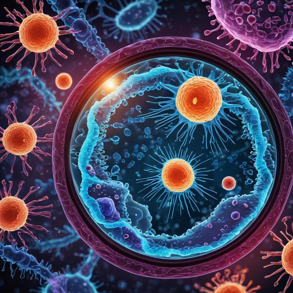 An intricate illustration of a human cell under a microscope, revealing cancerous cells with glowing edges, surrounded by scientific symbols like DNA strands and microscopic structures. The background should evoke a sense of research and discovery with laboratory equipment and notes scattered around, illustrating the quest for treatment. The colors should be dynamic, emphasizing the contrast between healthy and cancerous cells. super-realistic. vibrant colors. laboratory setting.