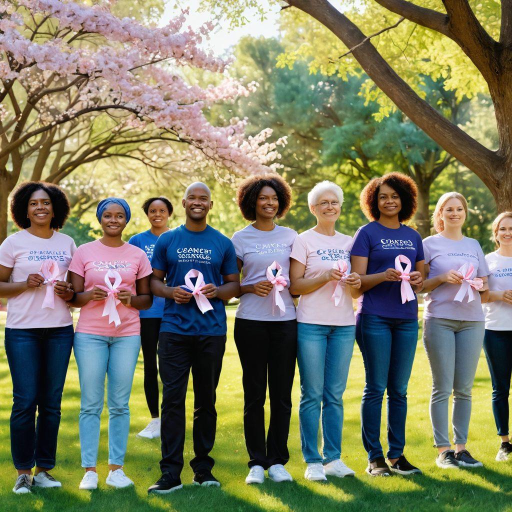 A serene, informative scene featuring a diverse group of people supporting one another in a park, holding ribbons symbolizing cancer awareness. The background showcases educational signs about different types of cancer and support resources, adorned with blooming flowers and soft sunlight filtering through the trees. A gentle atmosphere of hope and solidarity is conveyed through their expressions and gestures. super-realistic. vibrant colors. soft focus.